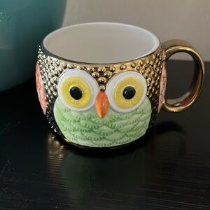 Owl mug tea coffee novelty cup gold finish green pink small cute
